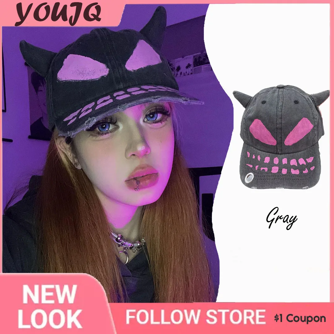 

Y2k Little Devil Horn Rabbit Ear Hand-painted Hole Baseball Hat Street Trend Men Women Personality Adjustable Casual Hip-hop Cap