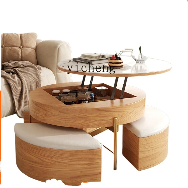 

TQH log wind round lifting coffee table rock slab modern simple household multi-functional storage tea table chair