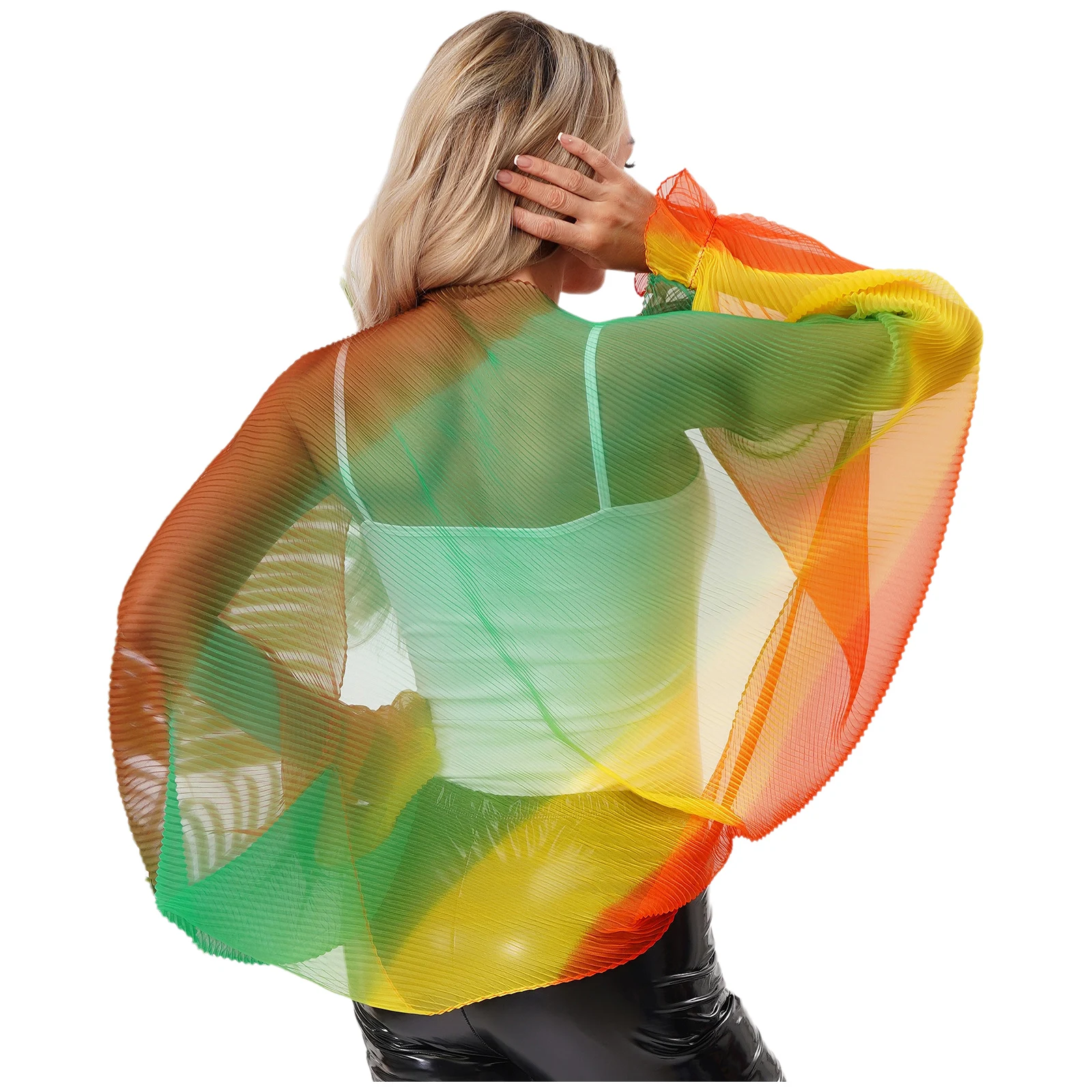 

Women Thin Coat Gradient Color Rainbow Shrug Shawls Ruffled Long Sleeve Open Front Pleated Cardigan Sun Protection Bolero Scarf