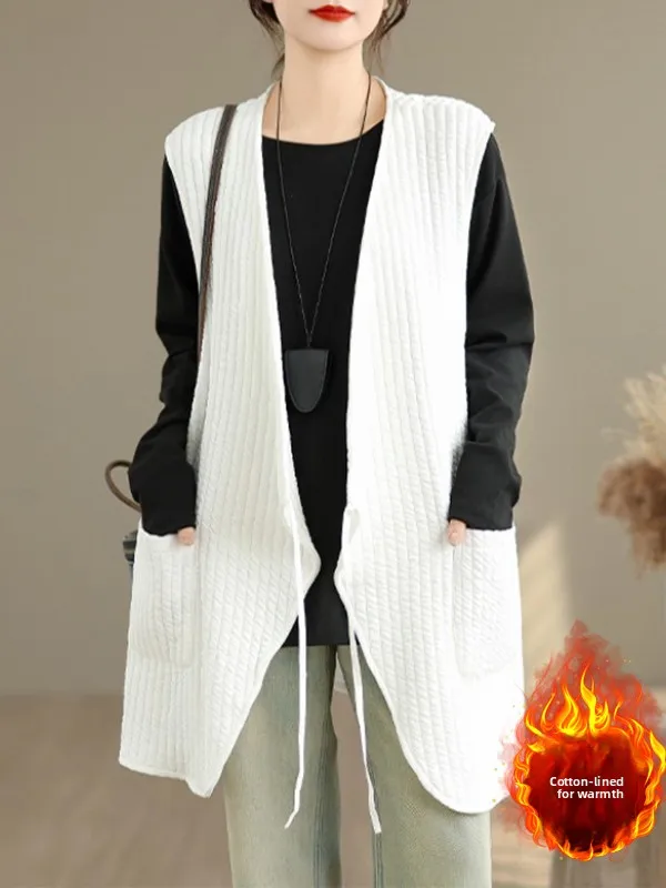 الرجعية خفيفة الوزن الصينية خياطة القطن سترة كبيرة الحجم المرأة V-Ne مربوط غير المتكافئة oulder أعلى الخريف الشتاء #2