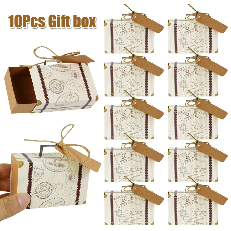 Cute Travel Theme 10Pcs Suitcase Candy Box Kraft Paper Chocolate Favors Gift Packaging For Wedding Birthday Baby Shower Decor