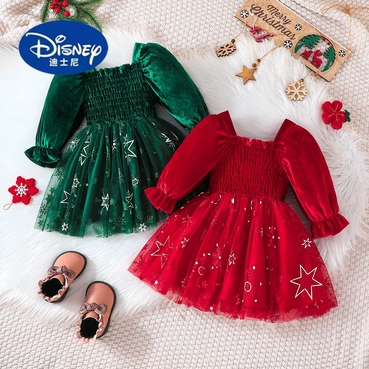 

Disney 2025 Girls Christmas Dress, Bubble Sleeve & Mesh Tulle Layered Skirt,