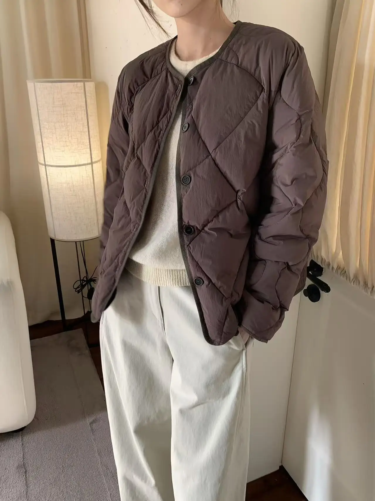 

Легкая стеганая куртка с круглым вырезом, свободного кроя, теплая, осенне-зимняя верхняя одежда с ромбовидным узором, женская модная модель Q59530