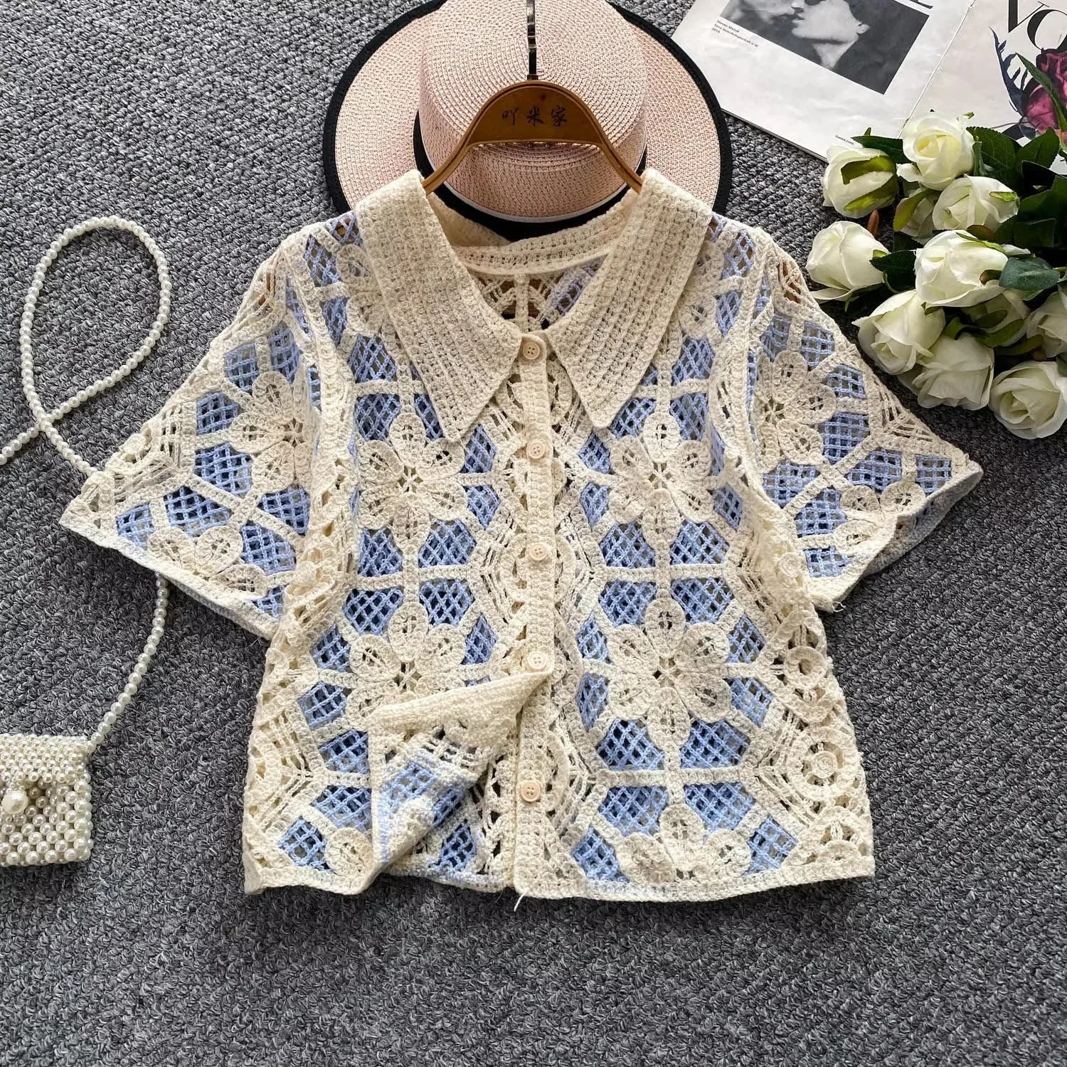 Short Sleeve Button Down Croch - Crochet Top Boho 评论和价格