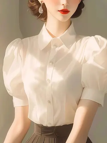Imagen 2 del producto Blusa blanca elegante de estilo francés, inteligente y absolutamente hermosa, con cuello levantado y manga abombada para mujer, camisa de verano