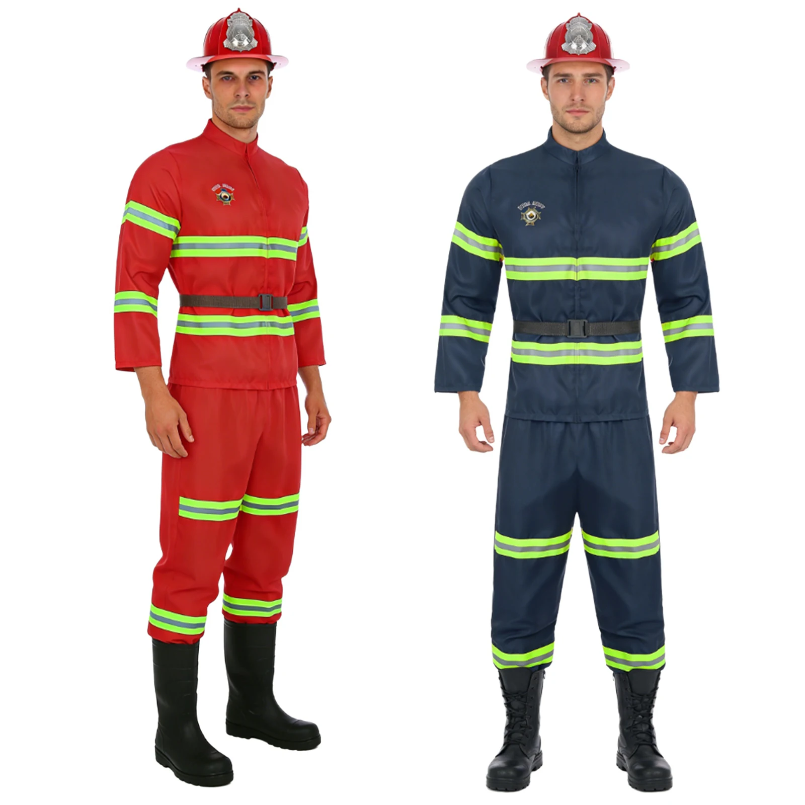 Adult Men Firefighter Cosplay Costume Set Fireman Fire Captain Uniform with Belt Helmet Outfit Festival Carnival Party Dress Up view 5