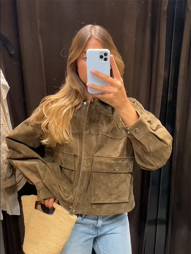 

Women Suede Solid Short Jacket Single-breasted Maxi Sleeves Zipper Lapel Pocket Coats Autumn Chic Lady Daily Street Outerwear