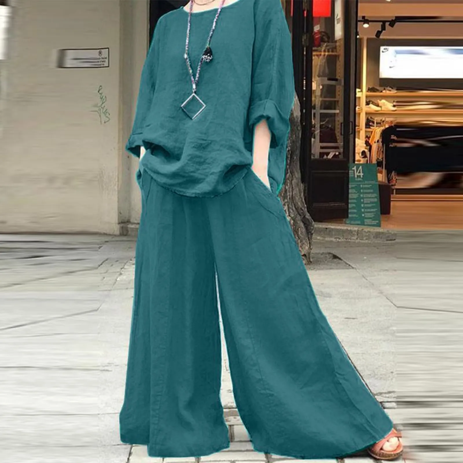 Women Fashion Casual Wide Leg Pant Set Loose O-neck Long Sleeve Shirt High Waist 2 PCS Set Chic Lady Holiday High Street Suit