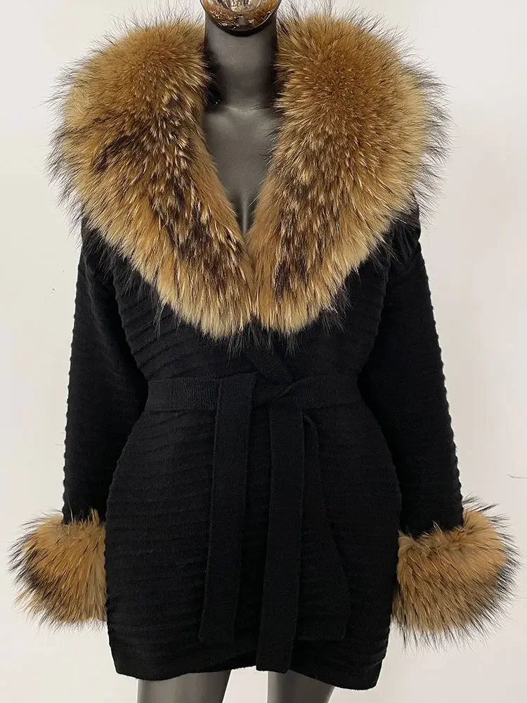 2025 nuova primavera autunno donna cintura maglieria caldo maglione di vera pelliccia di volpe cardigan lavorato a maglia oversize femminile abbigliamento femminile