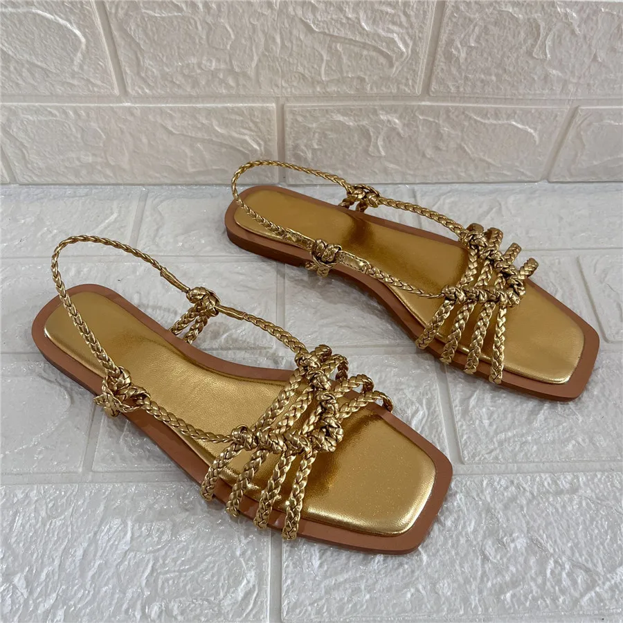 Gold Braided Women\'s Sandals Summer 2024 Gladiator Beach Shoes Ladies Straps Sandalias Mujer Square Toe Bohemian Flats