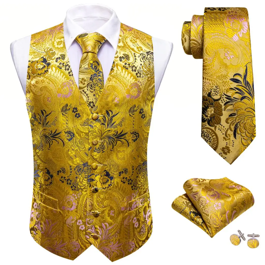 Luxury Vintage Vest Man Silk Yellow Blue Embroidered Floral Waistcoat Tie Set Wedding Dress Suits Formal Gilet Barry Wang