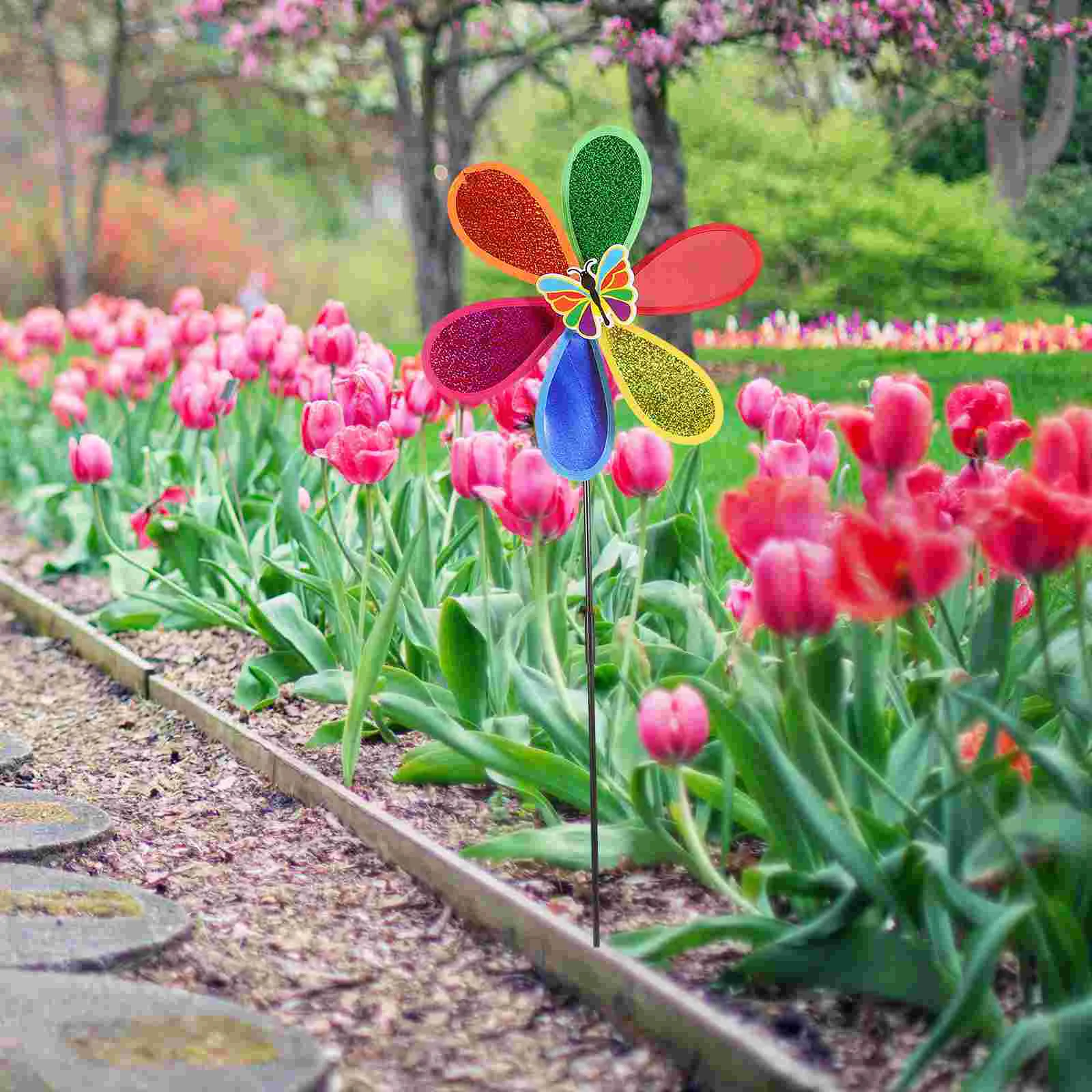 

4pcs Sequins Rainbow Pinwheel Plastic Garden Windmill Decor Colorful Lawn Outdoor Landscape Festive Bright Colors Gift