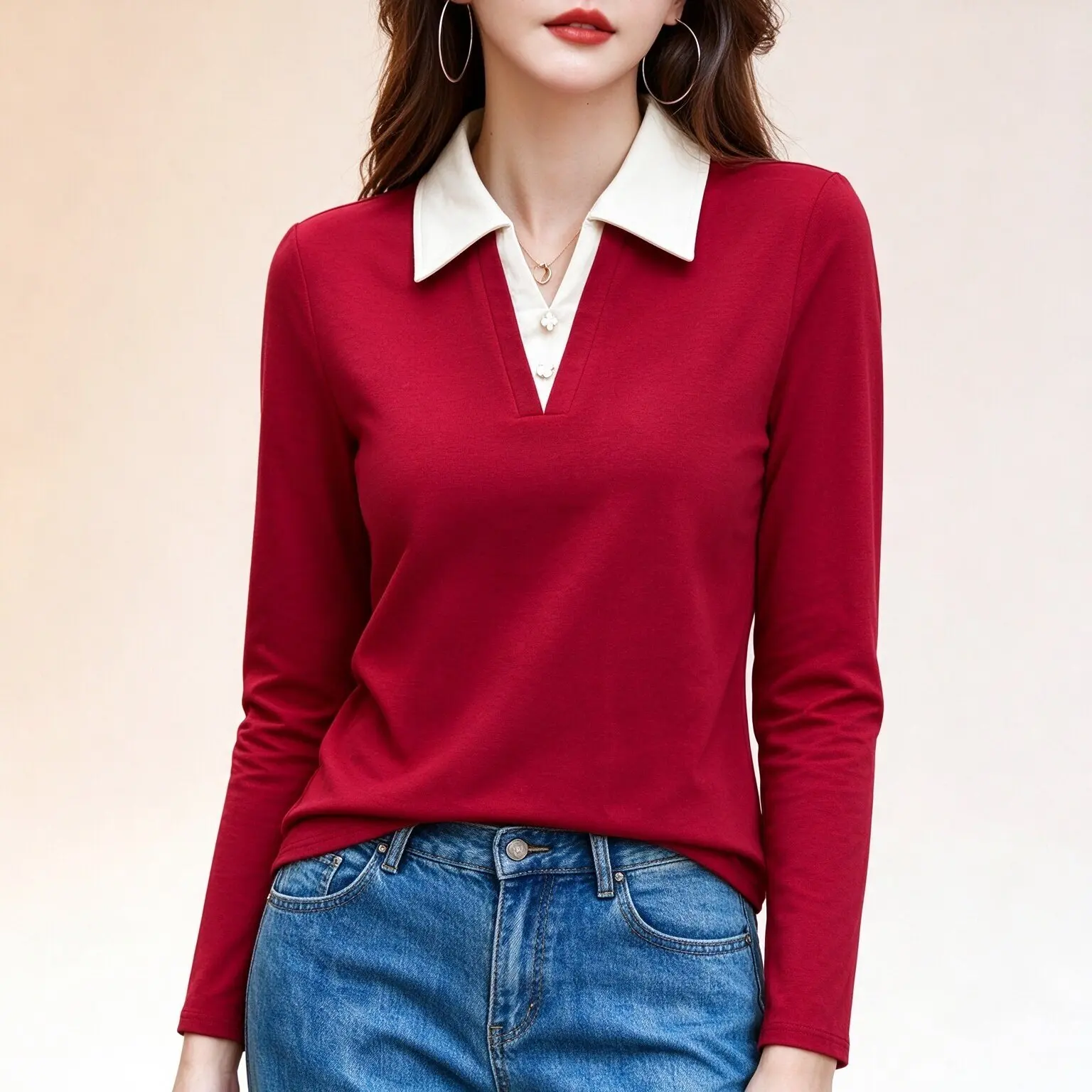 Women Fake Two Piece Polo Long Sleeve Top Contrast Lapel V Neck Clover Button Slim Casual Commuter T Shirt Autumn Blouse