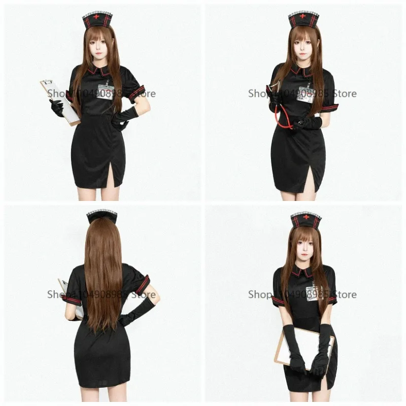Women Dark Nurse Cosplay Costume Black Short Sleeve Slit Dress With Accessorie Halloween Masquerade Fancy Party Outfit For Ladie