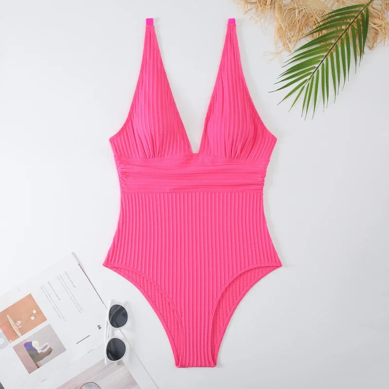 Bañador unicolor de una pieza para mujer, traje de baño sin espalda con realce, ropa de playa, Monokini a bajo precio