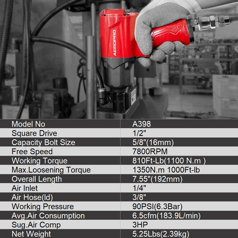 AEROPRO A398 1/2’’ Air Impact Wrench High Torque Pneumatic Spanner Tool With 1100 N.m Car Auto Tire Repair For Tire disassembly