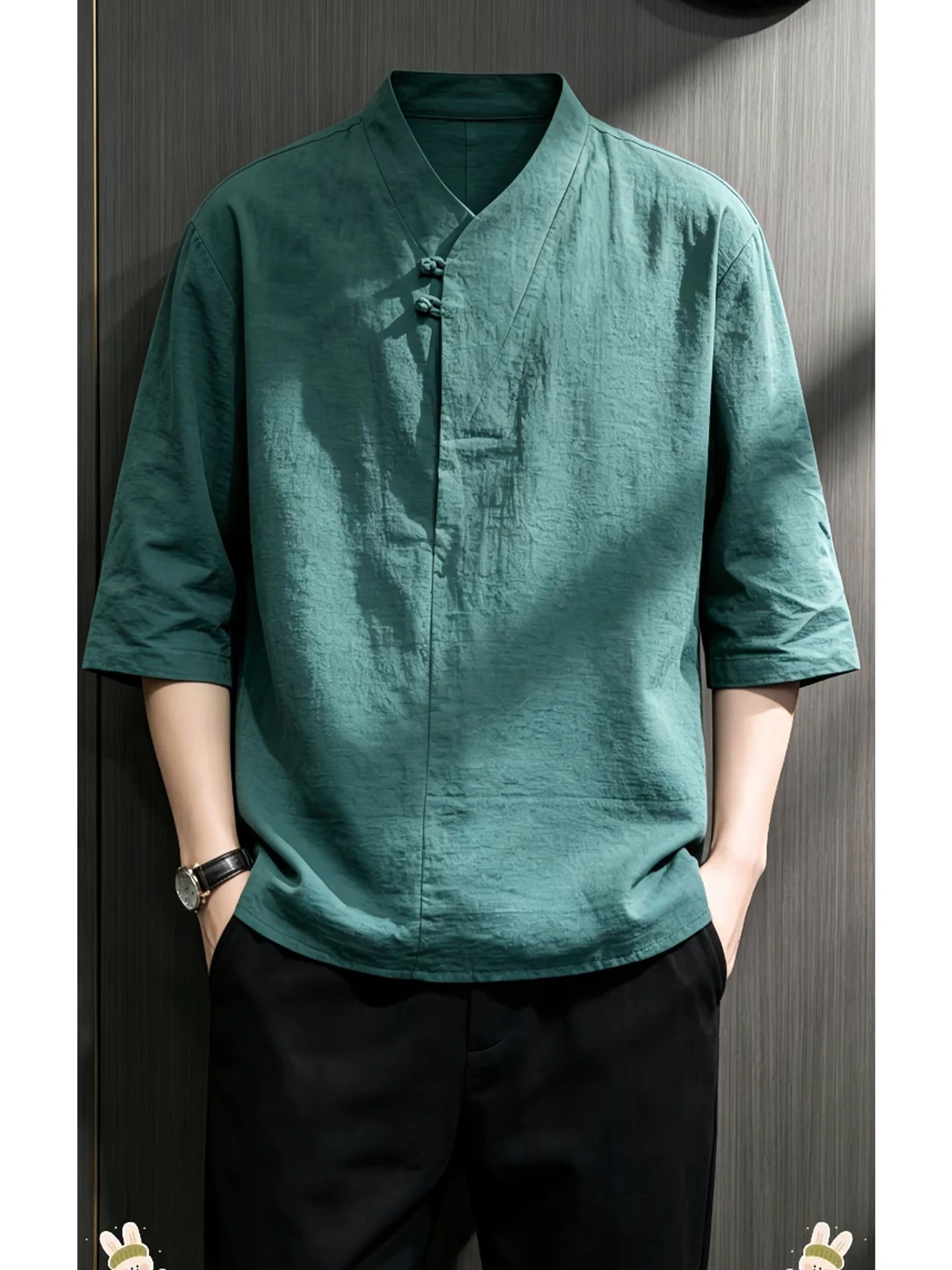 

New Chinese Style Men's Summer Linen Short Sleeve T-Shirt Thin Five-Quarter Sleeve Loose Fit Top Cotton-Linen Material round ...