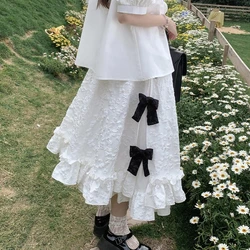 Mori Girl Style Cute Bow White Long Skirt 2024 Summer JK Lolita Kawaii Vintage Loose Aesthetics Ruffle Edge Hem Skirt for Women