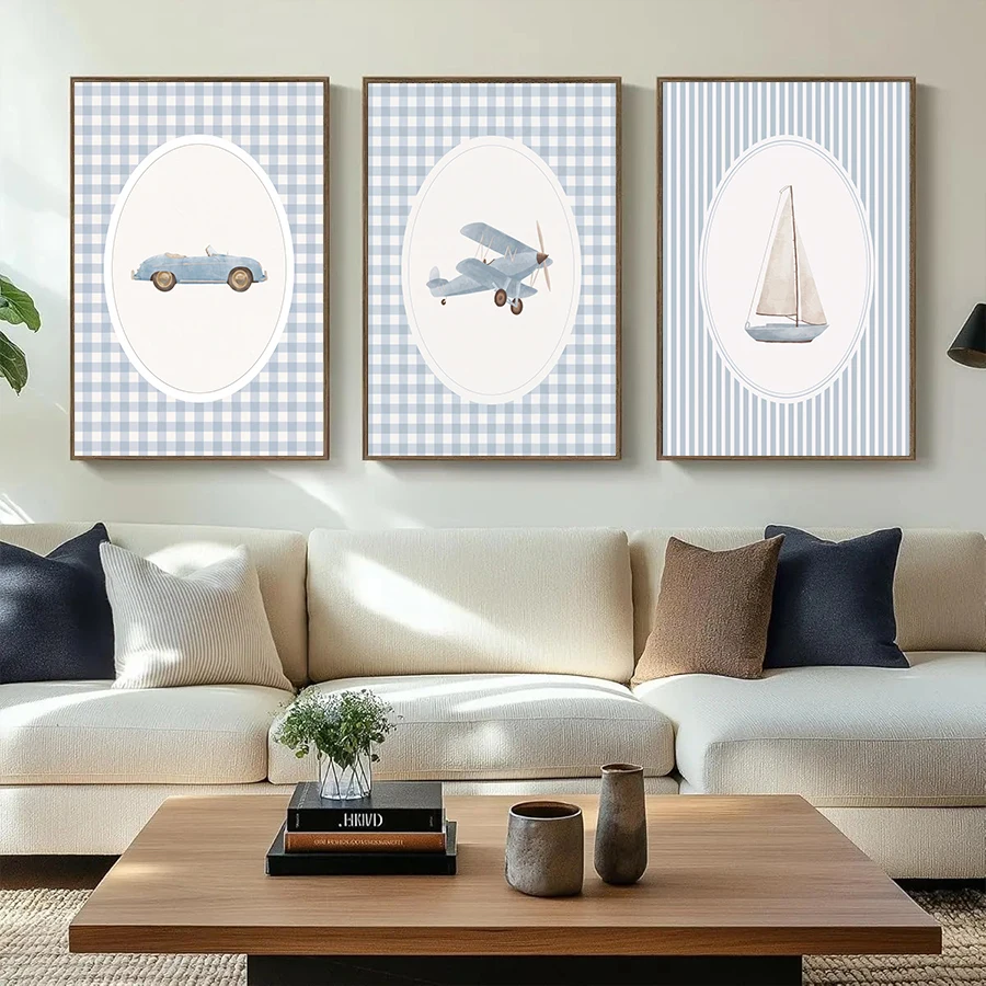 Watercolor Transport Poster Blue Gingham Stripes Wall Art Print Train Plane Hot Air Balloon Car Canvas Poster Boys Nursery Decor