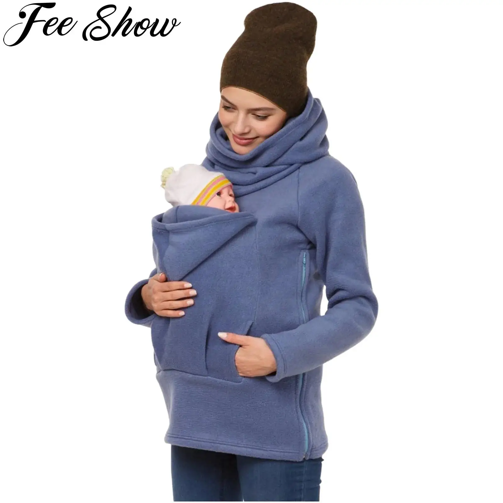 

Women Fleece Side Zip Up Maternity Pullover Winter Warm Ruched Turtleneck Long Sleeve Sweatshirt Outwear with Hooded Pocket