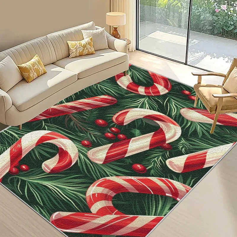 1pc Candy Cane & Pine Needle Pattern Area Rug, Lightweight, Washable & Easy Care, for Living Room, Bedroom, Dining Room, Kitchen