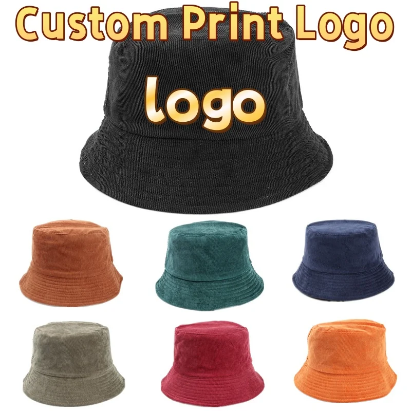 Sombrero de cubo de pana con logo impreso personalizado, Gorras sólidas simples Unisex, Gorros de Hip Hop, gorra de Panamá para hombres y mujeres, pesca en la playa