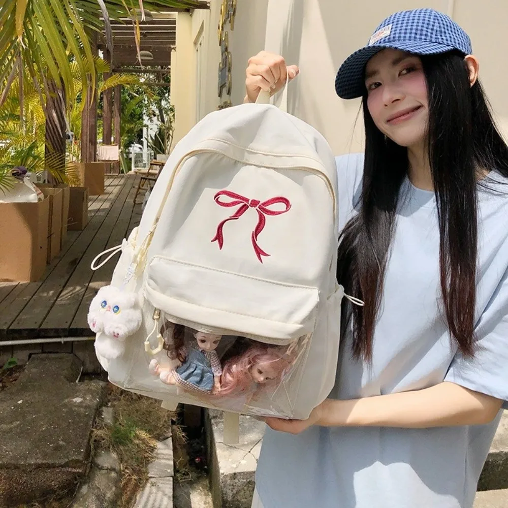 Portátil bordado arco meninas mochila cor sólida náilon estudantes mochila grande capacidade leve saco de viagem para portátil