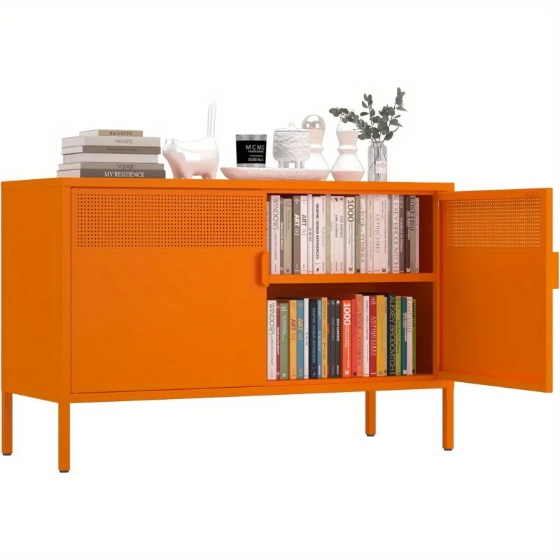 Orange Metal Locker Storage Cabinet Heavy-Duty Adjustable Shelf Magnetic Door Closure Safe for Home Office Entryway Hall