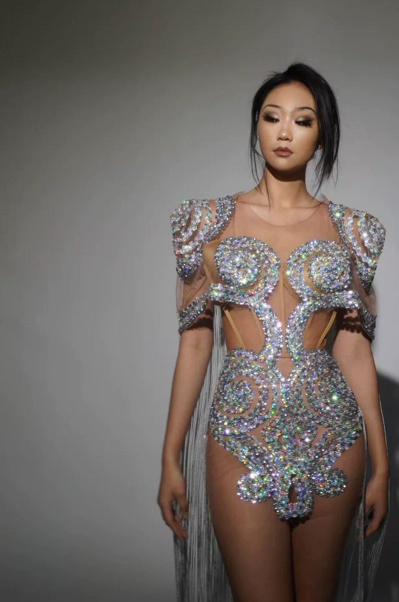 Dames sexy zware industrie mesh jumpsuit jumpsuit gymnastiek stalen buis latin dans nachtclub bar prestatie kostuum gewaad fête