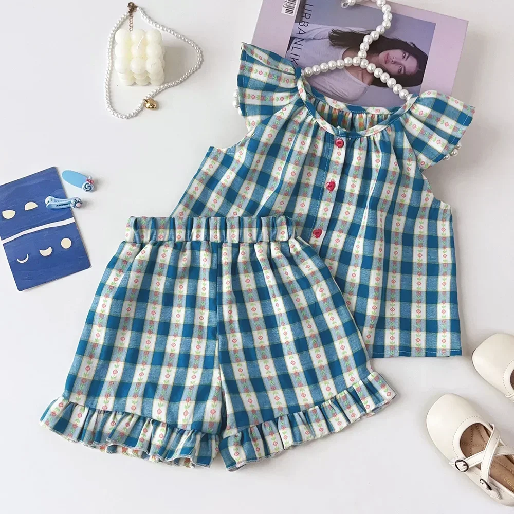 Mädchen Kleidung Sommer Rundhals Einreiher Gitter Fliegende Ärmel Top + Shorts Zwei-stück Set 1-5 Jahre alt Kinder Tragen – Detail 2
