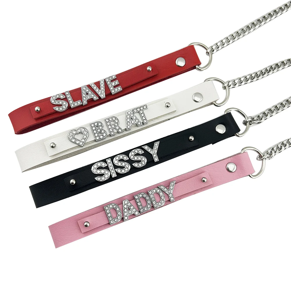 Rhinestone  Slave Leash Custom Sexy Goth Bondage Crystal Letter Name Collar Chain Cosplay Accessory