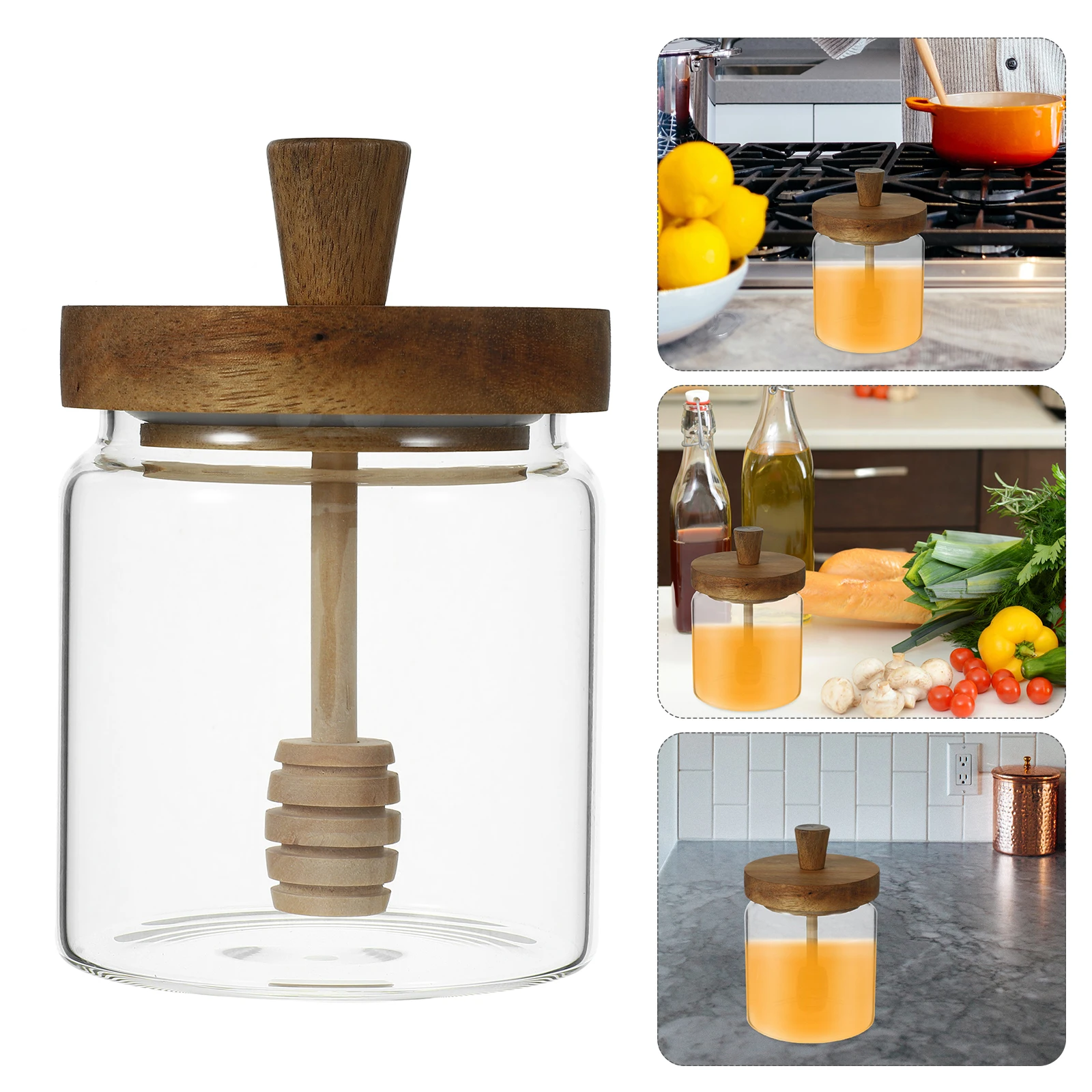 

1pcs Glass Jar With Lid Dipper Clear Dispenser Kitchen Honey Container Lightweight Honey Storage Jar Large Mouth For Syrup Sugar