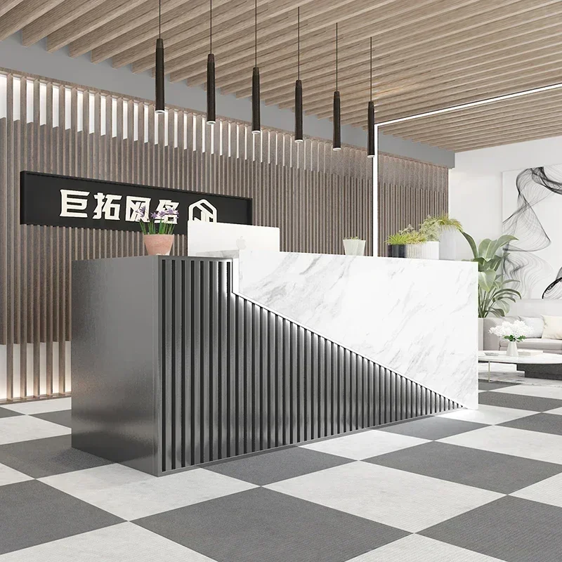 

Supermarket Modern Church Reception Desk Curved Tempered Glass Luxury Furniture Office Desk Luxury Mostrador Unique Furniture