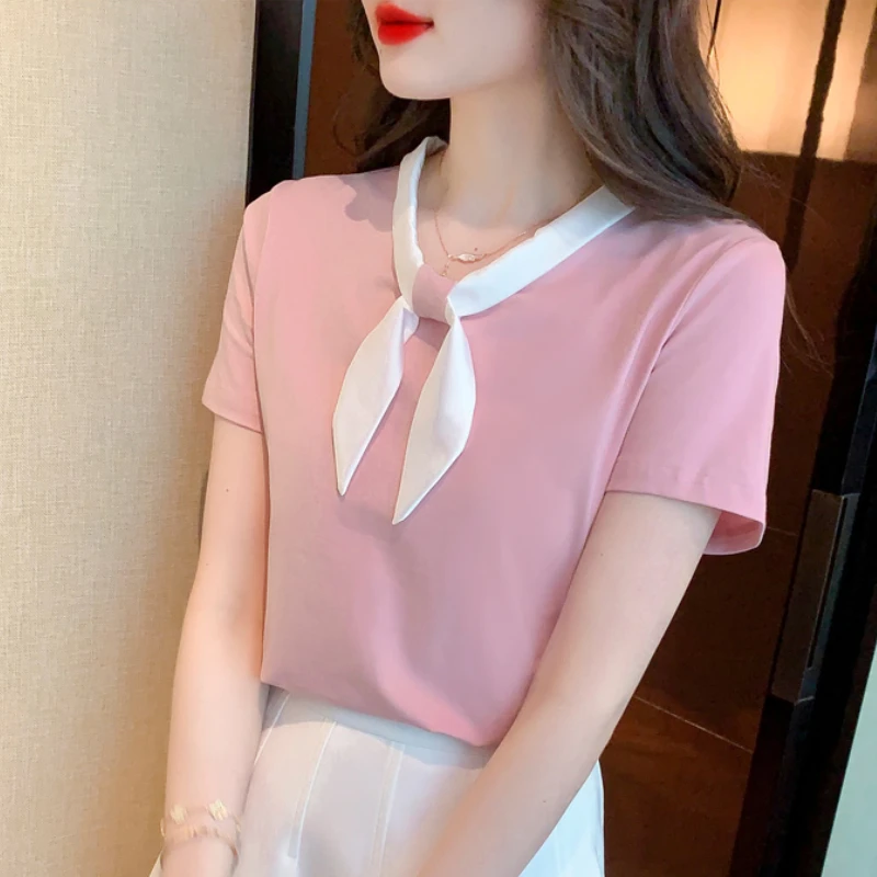 2025 Summer Cotton Blouse Straight Womens Tops Bow Tie Elegant Solid Womens Clothing Sweet Fashion Short Sleeve Blouses T-shirts