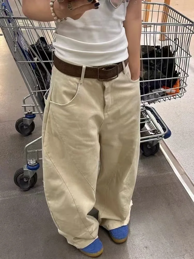 Szerokie spodnie damskie do biura, lniane, plisowane, sznurowane, wygodne, kawaii, dla uczennic, oddychające, estetyczne, spodnie na wiosnę.