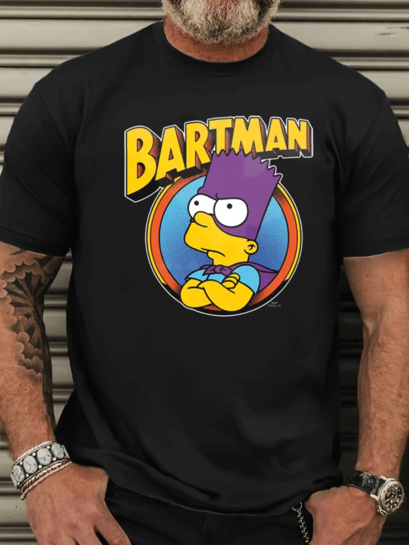 Simpsons Bartman Schwarzes T-Shirt |   Bart Simpson Superhelden-Design, Freizeitkleidung, Rundhalsausschnitt, kurze Ärmel, lockere Passform, Hitze