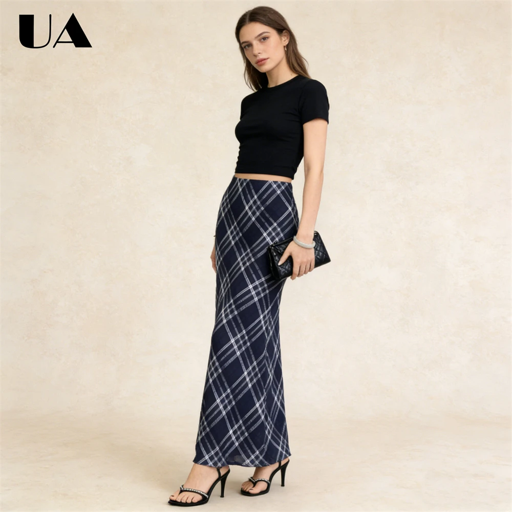 Retro Artistic Plaid Skirt for Women, Fishtail Texture Blue Skirts, Timeless Women's Skirt, M-XL Temperament Dress