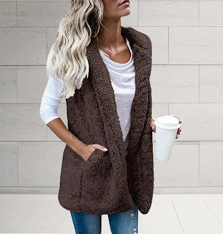 Womens Ladies Fleece Fur Body Warmer Vest Waistcoat Gilet Autumn Winter Sleeveless Coat Single Breasted V Neck Plush Vest 2023