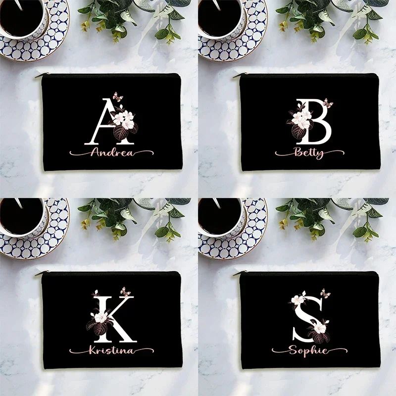 Benutzer definierte Buchstaben Name Make-up Tasche Lehrer Geschenk Blumen Kosmetik Lagerung Veranstalter Brautjungfer Geschenk Reise Toiletten artikel Leinwand Seiten tasche