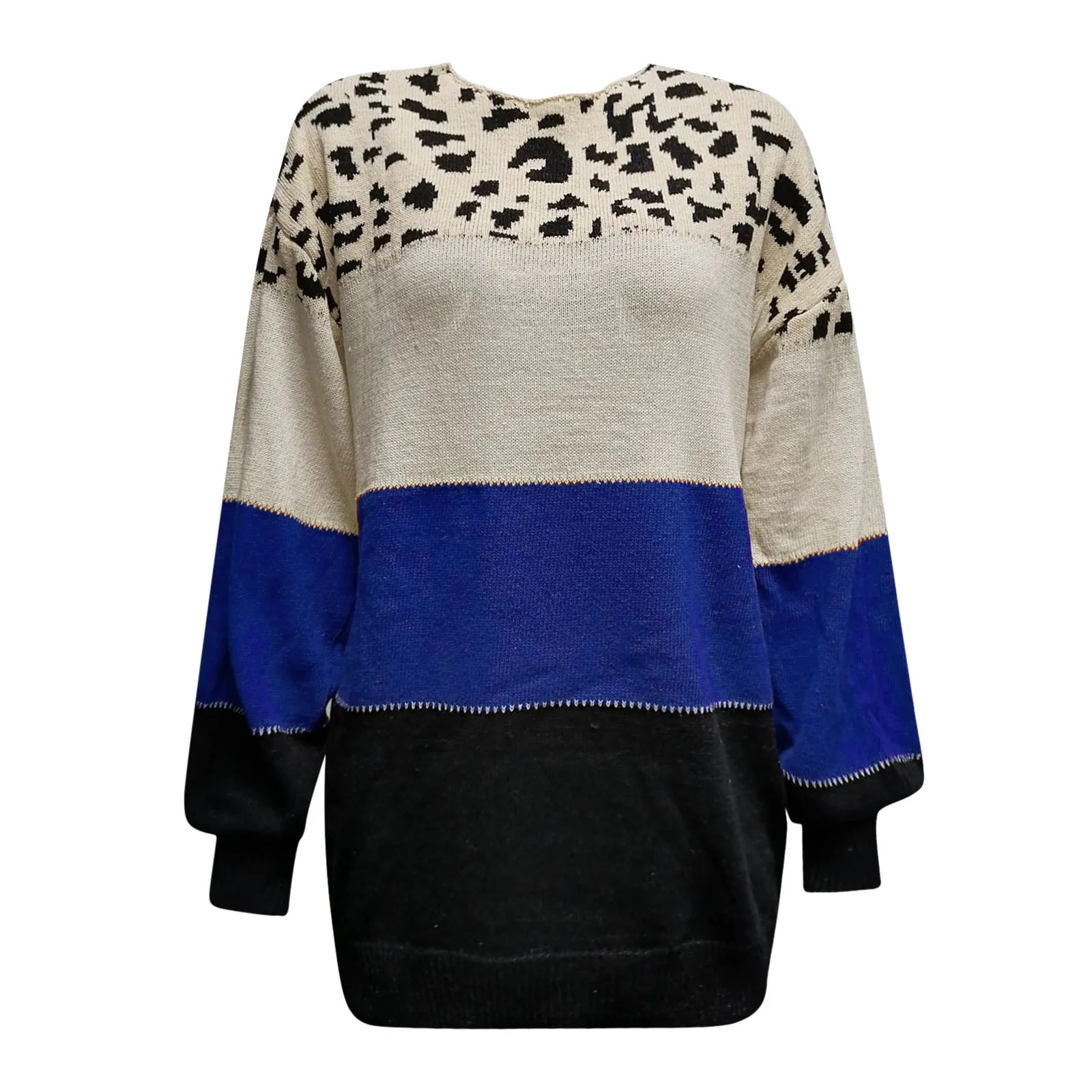 Winter Women\'s Sweater Color Leopard Print Knit Long Sleeve Top Korean 2024 Fashion Top Vintage Streetwear Oversized Pullover