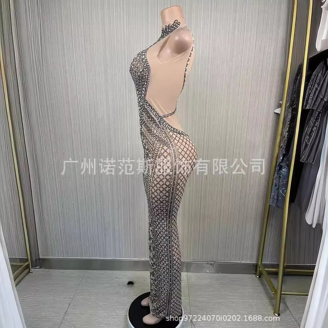 Herfst sprankelende strass mouwloze lange avondjurk elegante print en effen voor damesfeesten met kristallen verfraaide jurken