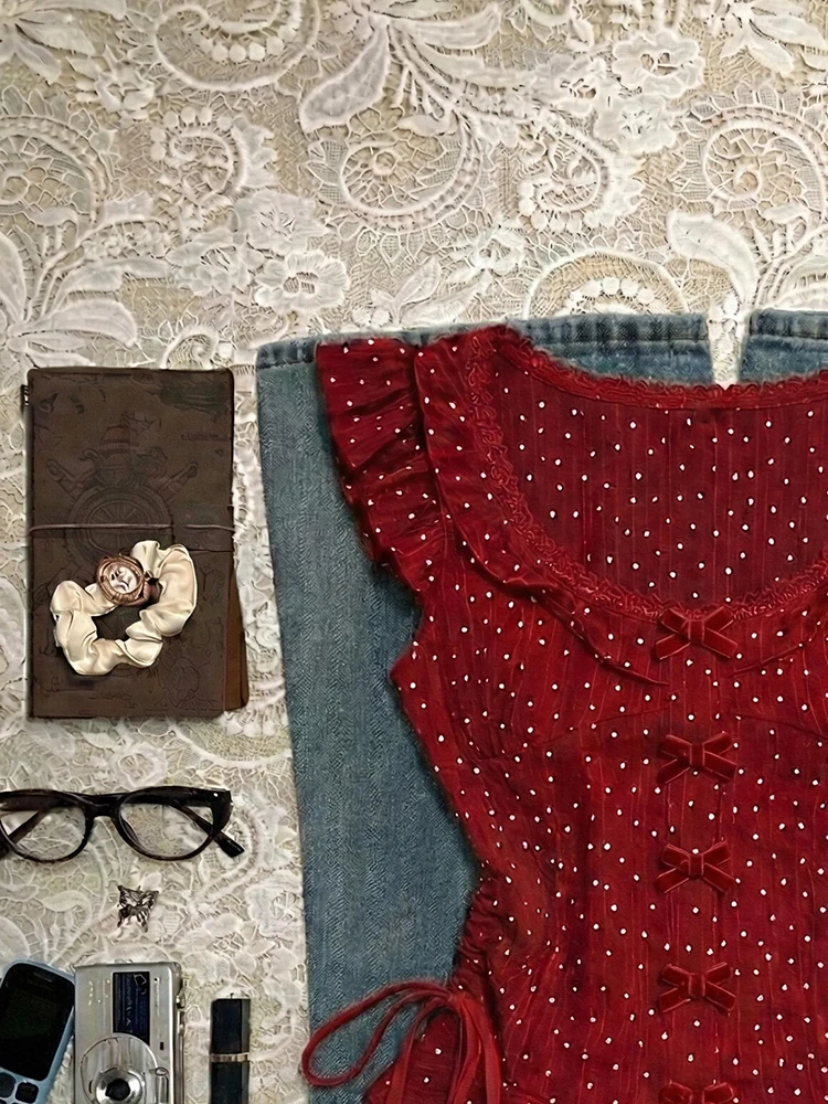 Original Retro Red Polka Dot Shirt Women's Summer Beautiful  Knot Tie Cotton Slim Fit T-Shirt Girls Fashion Cotton S...
