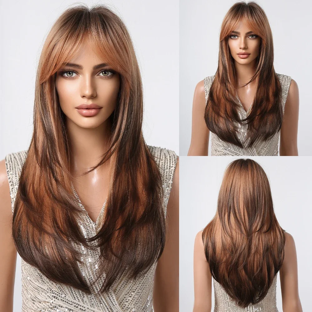 Cheap Copper Ginger Ombre Brown Layered Synthetic Wig Long Straight Wig with Bangs for Women Cosplay Natural Heat Resistant