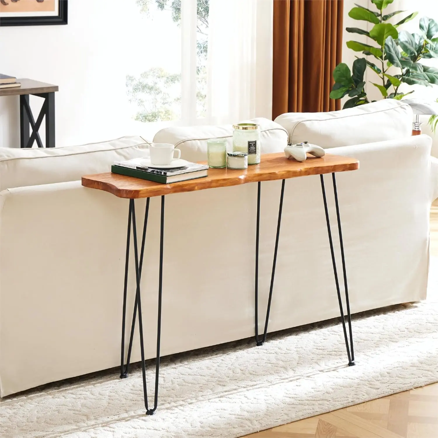 

Live Edge Console Table Industrial Natural Wood Entryway Living Room with 4 Iron Feet Rustic Brown, Customized