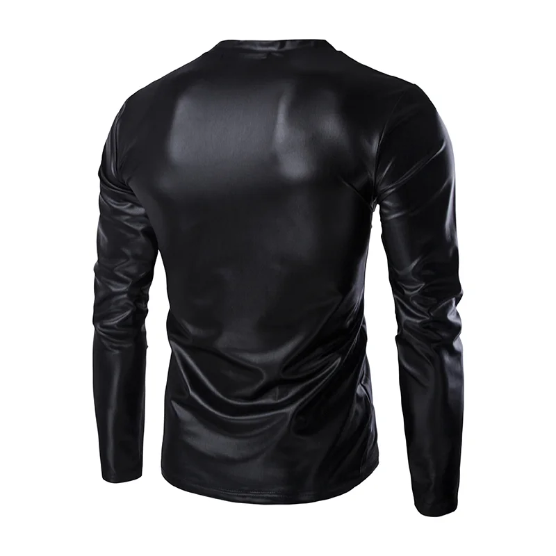 Leather Long Sleeve Top Performance Nightclub Clothing Men\'s Large Round Neck T-shirt Men\'s Spring Wear