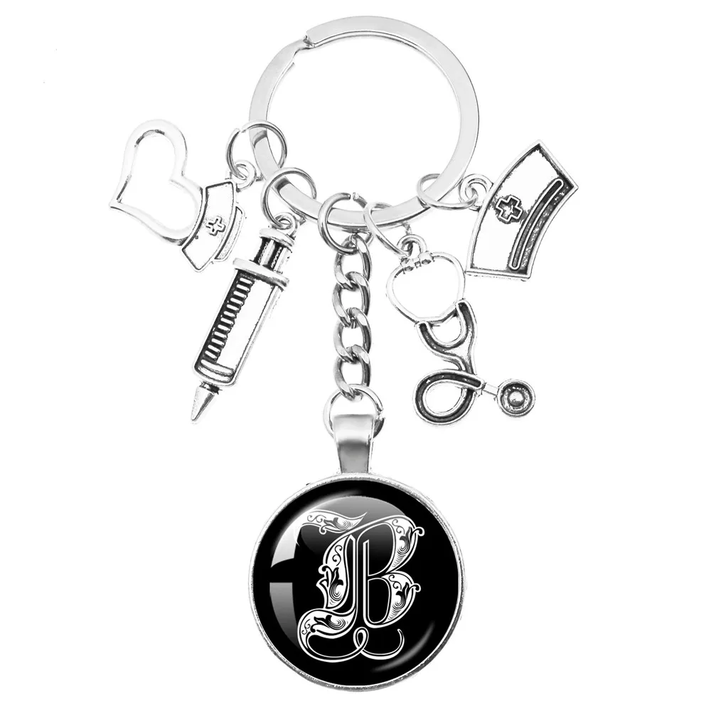 Royal Initialen 26 Letter Pendent Doctor Nurse ID Name Medical Syringe Stethoscope Accessories Glass Keychain Charm Gift Jewelry