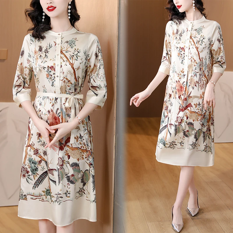 

2023 Summer Silk Print O-Neck Short Sleeve Dress for Women's Vintage Belt, Waistband, Slim Fit, Silk Lace up Long Dress Robe