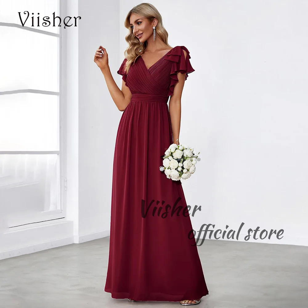 

Viisher Burgundy Chiffon A Line Bridesmaid Dreses Ruffles Pleats V Neck Formal Bridesmaid Dress Floor Length