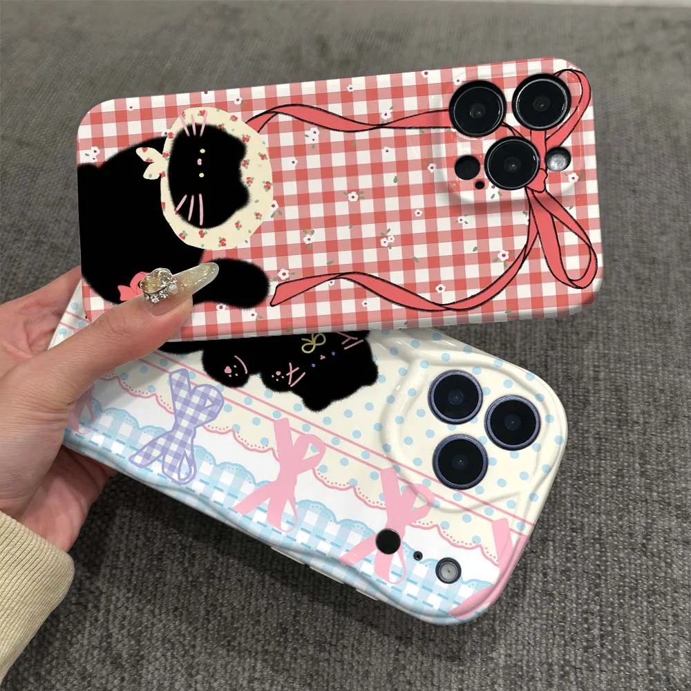 

Cartoon Black Cat Bow For Apple iPhone 8 7 11 12 13 14 15 16 17 16E SE X XS Plus Pro Max 2022 Wave Oil Film Phone Case