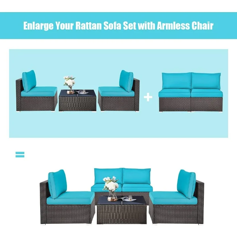 RELAX4LIFE 2-Piece Wicker Armless Sofa - PE Rattan Sectional Sofa Set w/Removable Cushions, All-Weather Sofa Chair (Turquoise)